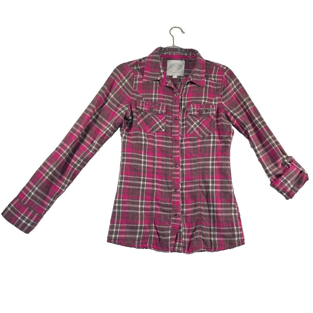 Maurices Premium Western Shirt Women's Small Pink Plaid Roll Tab Sleeve Bling